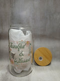 "Thankful & Blessed" glass cup, 16 oz.