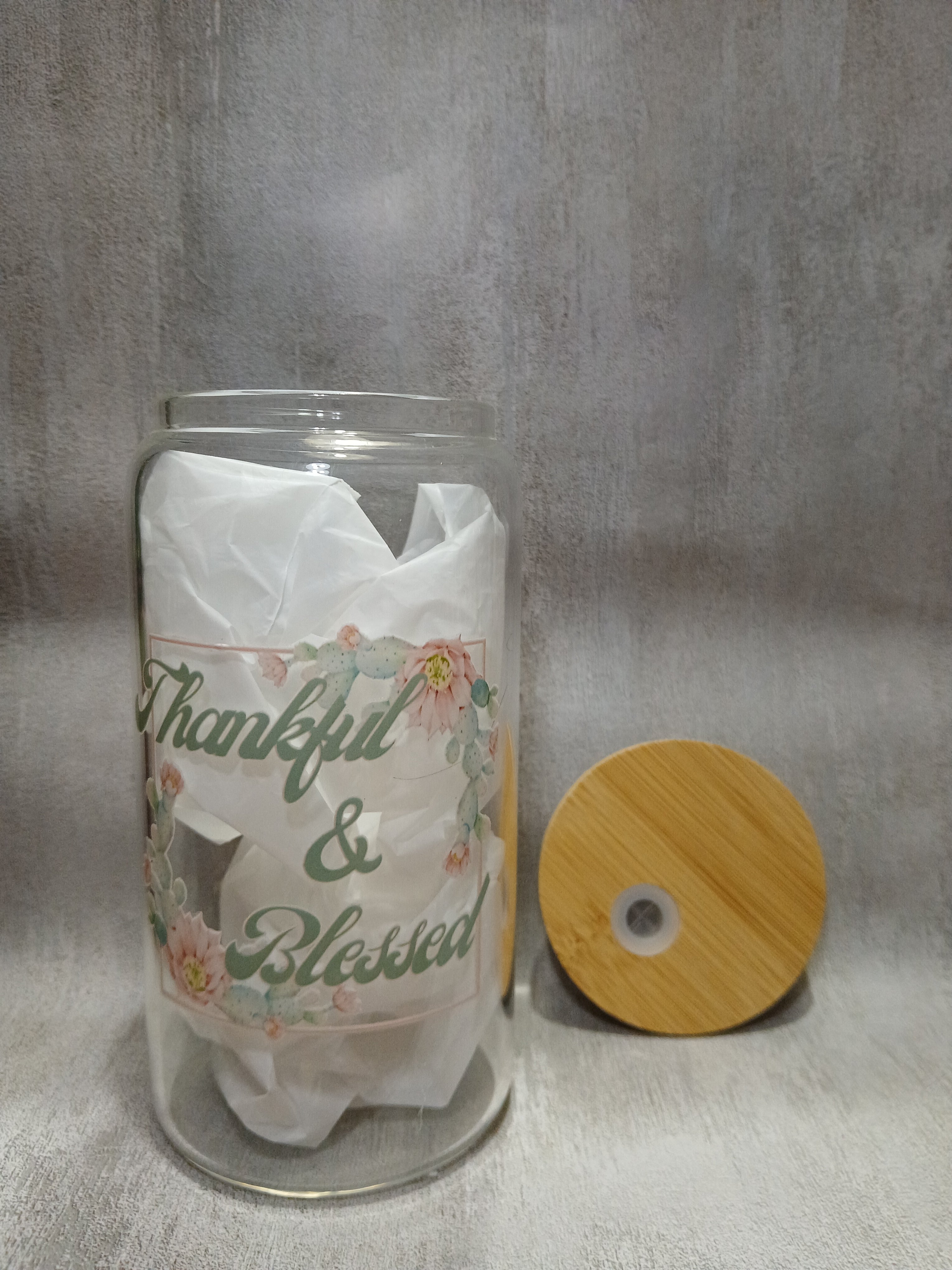 "Thankful & Blessed" glass cup, 16 oz.