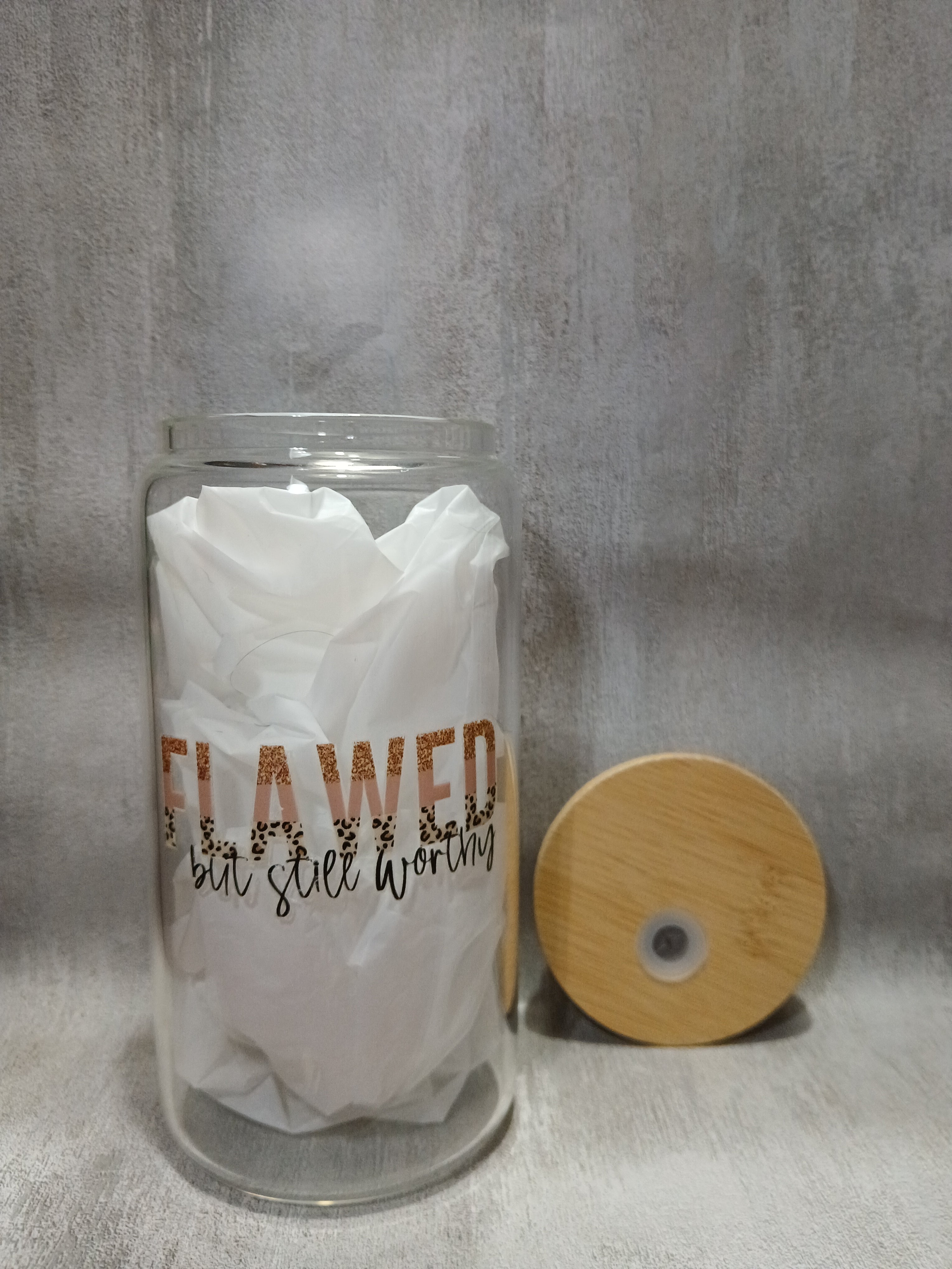 "Flawed but Still Worthy" glass cup, 16 oz.