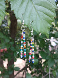 Colorful beaded earrings on a leaf with a natural background